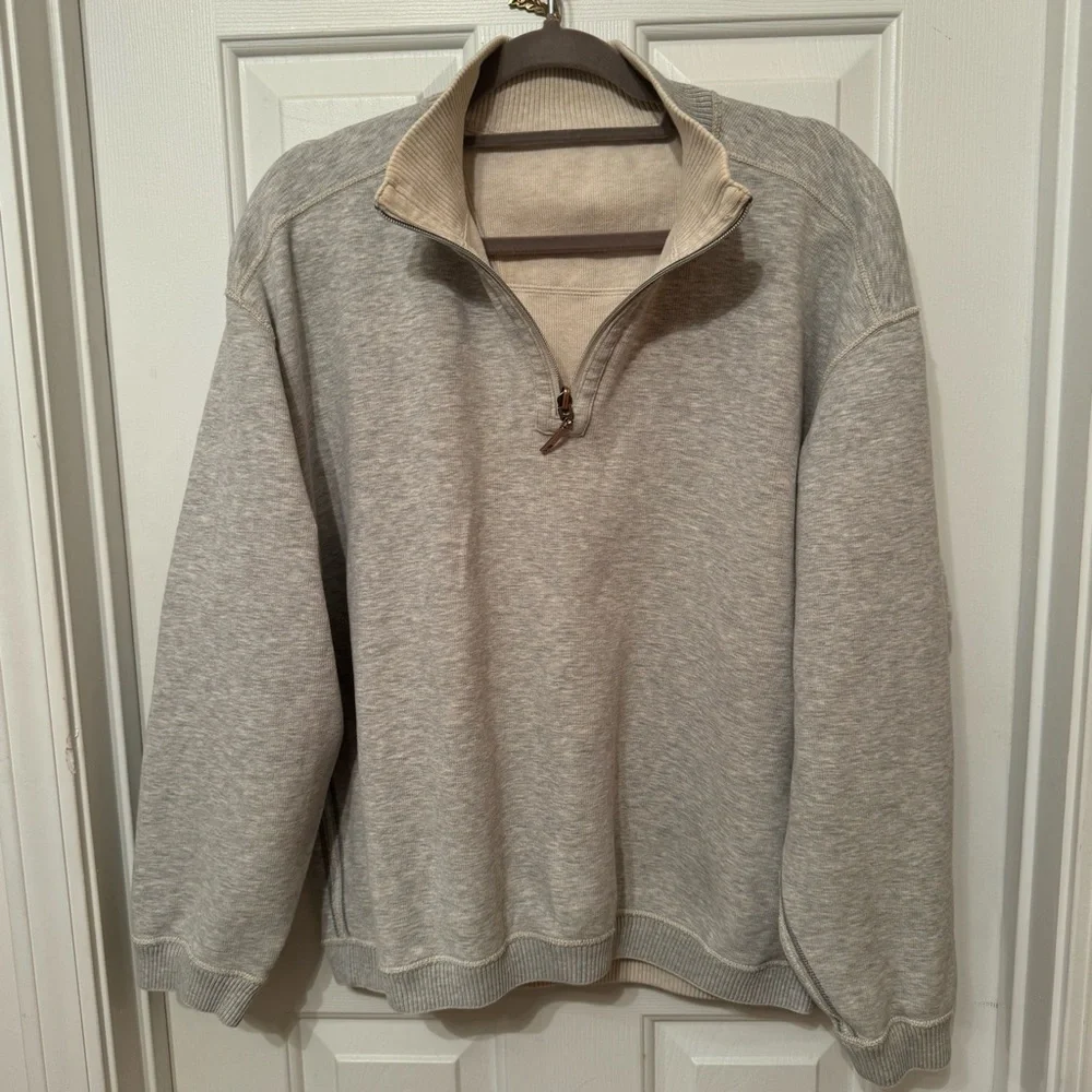 TOMMY BAHAMA RELAX ARUBA 1/4 ZIP REVERSIBLE SWEATSHIRT SZ L / BEIGE/GRAY